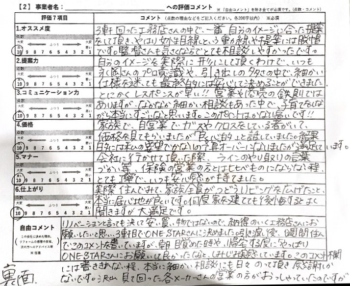 Y様から頂いたアンケート用紙